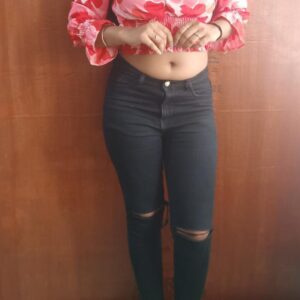 pink top& black jeans